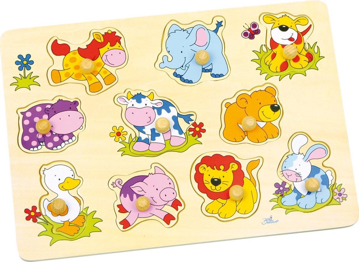 Goki steekpuzzel - dierenbaby's - 10 delen - 30x21x2,4cm - hout - 1 jaar