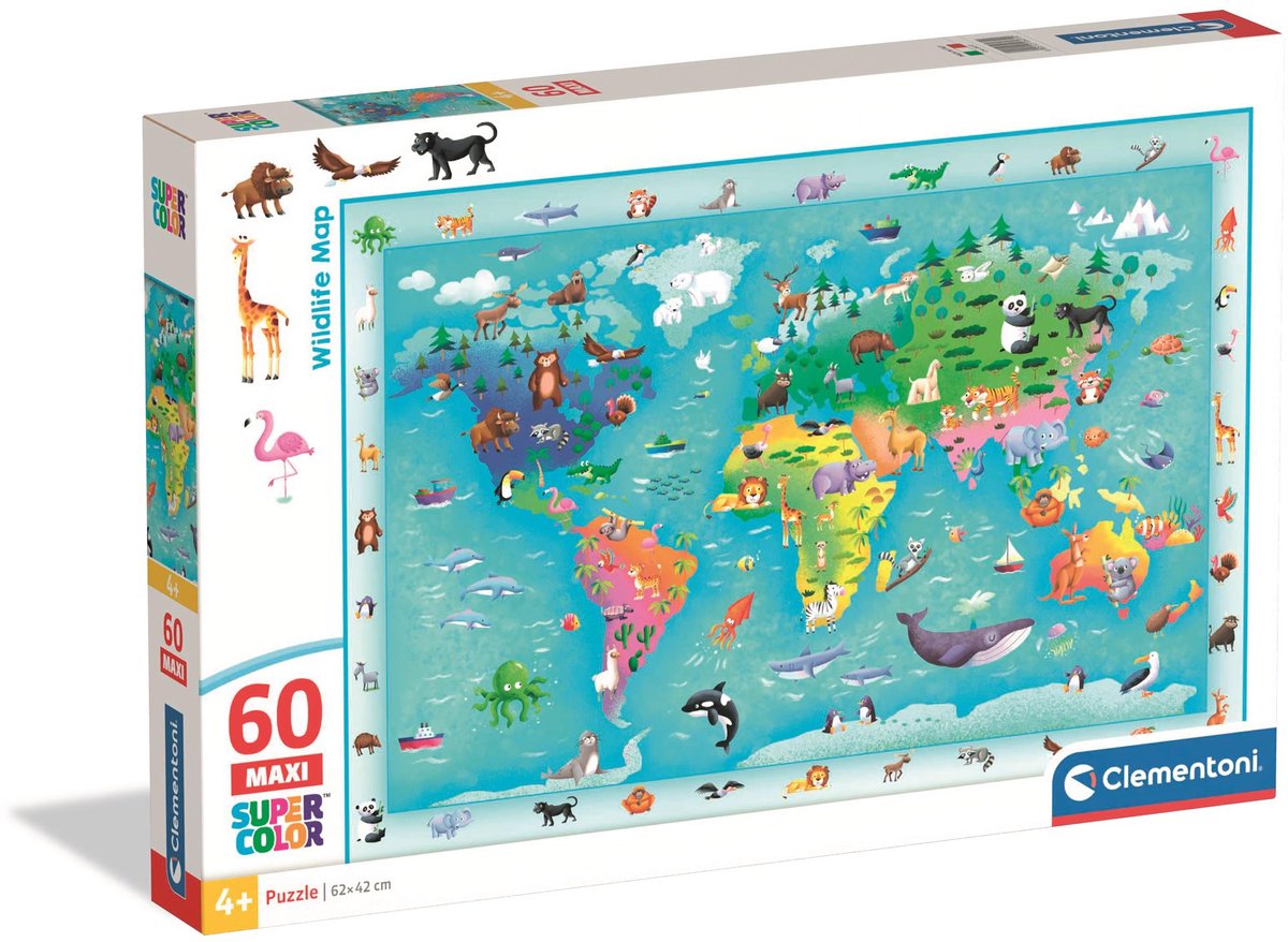 Clementoni - puzzel - 60 maxi stukjes - wildlife kaart 2025 - kinderpuzzel - vanaf 4 jaar