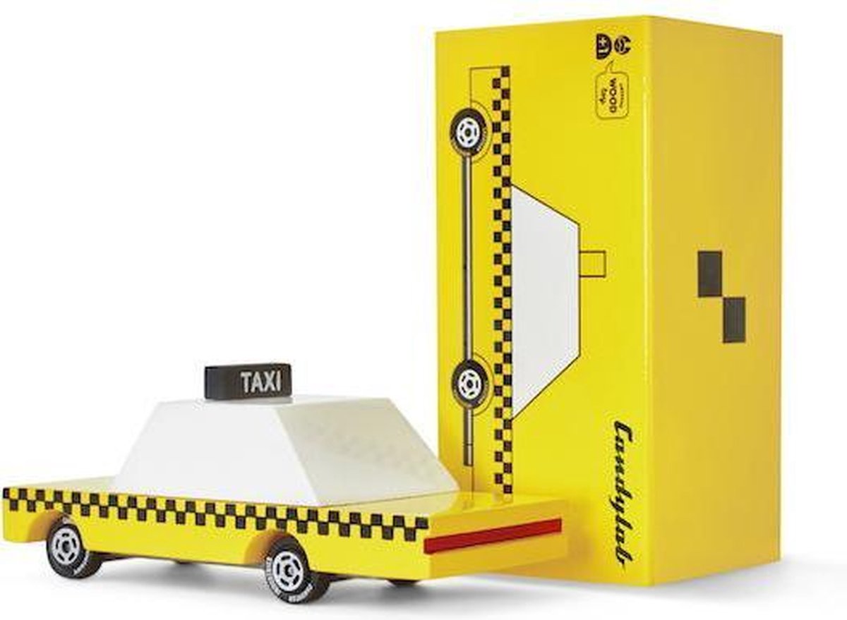 Candylab toys candycar world: yellow taxi (f102) 8,9x4,1x2,5cm, wooden diecast, in giftbox, 3+