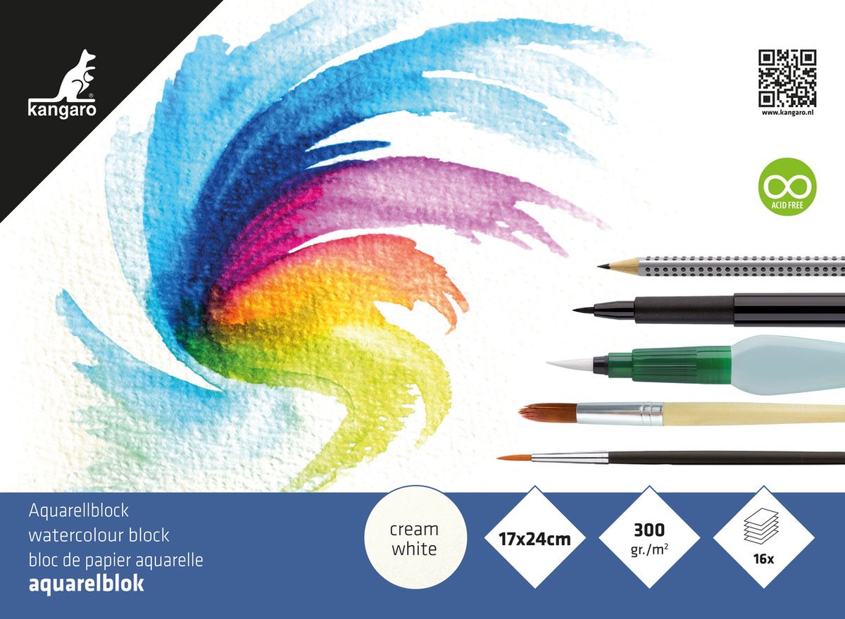 Kangaro aquarelpapier - 17x24cm - 300 grams - 16 vel - roomwit - zuurvrij - k-5301