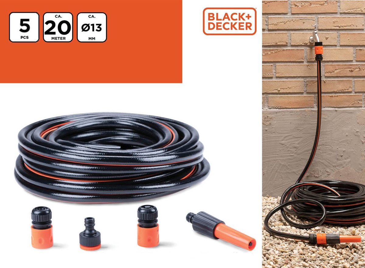 Black+decker tuinslang met koppelingen - tuinslang koppelingen set 5 stuks - 20 meter - max. 6bar - pvc - zwart oranje