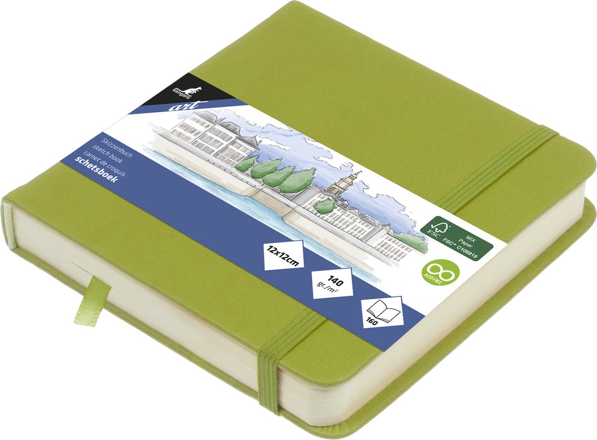 Kangaro schetsboek - 12 x 12 cm - lime green - pu-hardcover - met elastiek en leeslint - k-861209