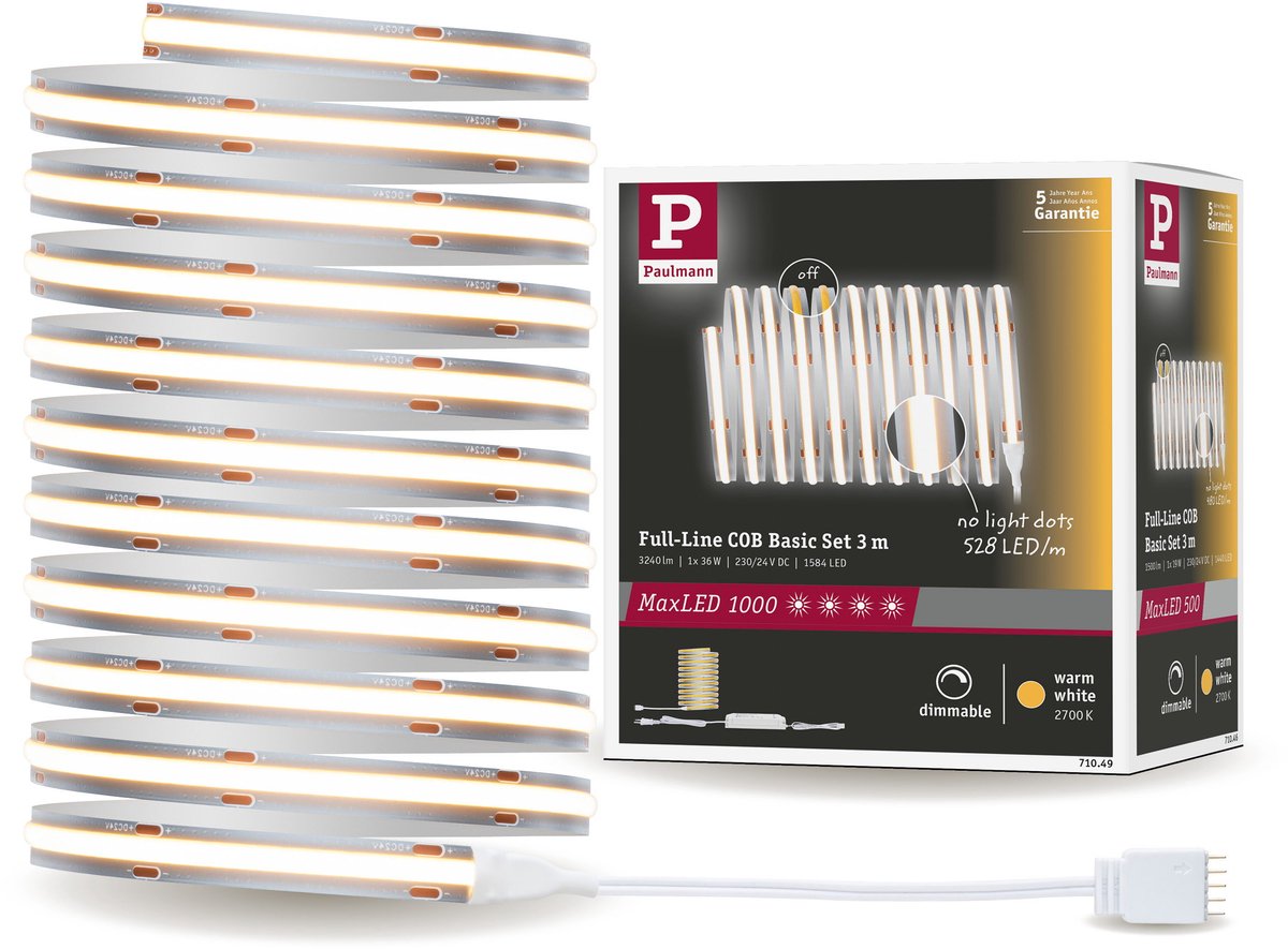 Paulmann maxled 1000 led strip basisset cob 3m warmwit 3m 36w 1080lm m 528 leds m 2700k 50va