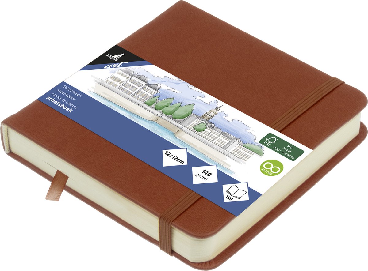 Kangaro schetsboek - 12x12cm - cognac - pu-hardcover - met elastiek en leeslint