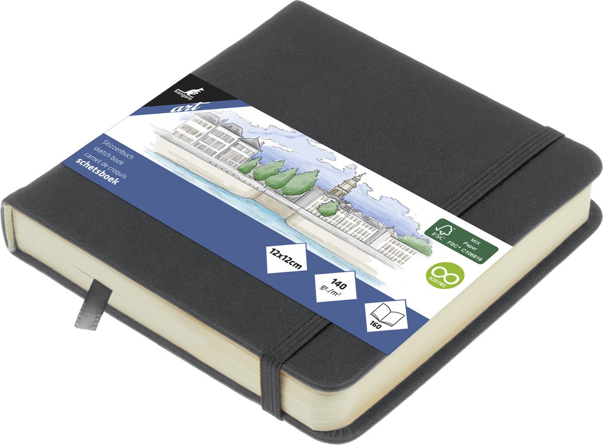 Kangaro schetsboek - 12x12cm - cold grey - pu-hardcover - met elastiek en leeslint