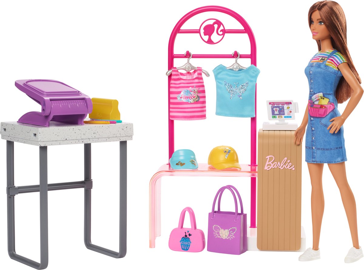 Barbie winkel - maak- en verkoopboetiek, speelset met uitstalrek en folie - pop