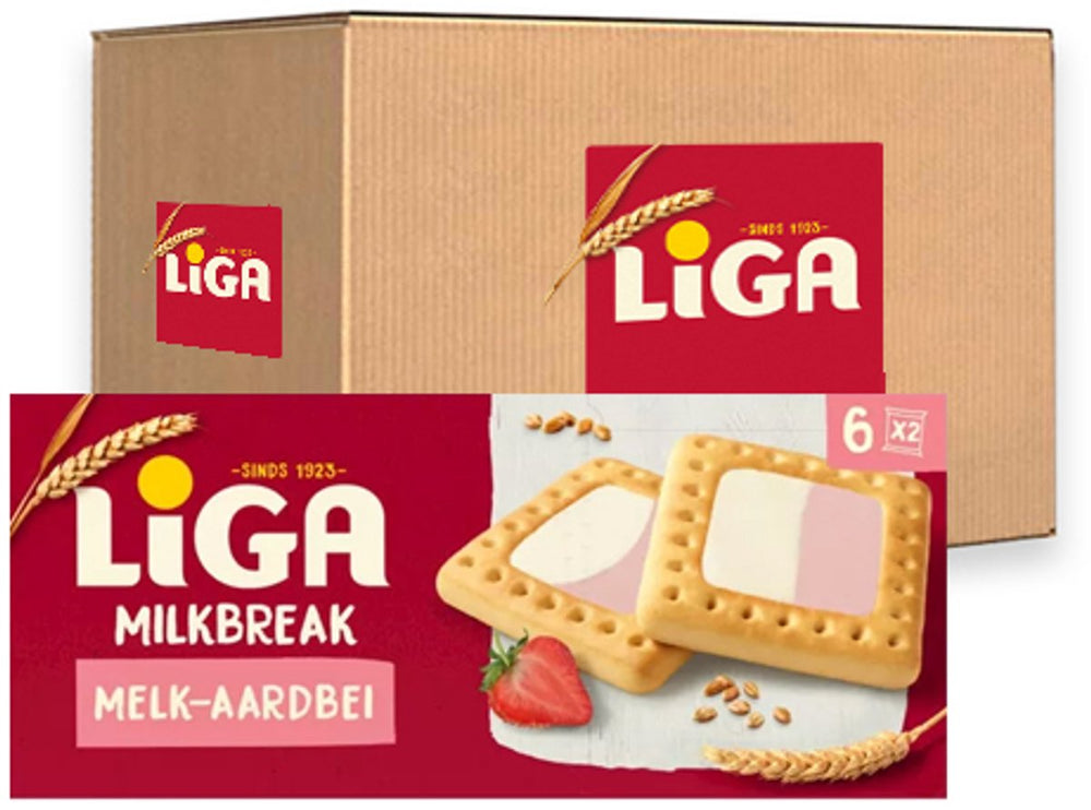 Liga milkbreak duo koekjes melk aardbei - doos 12 x 245g - koek - koeken voor onderweg of werk en kantoor