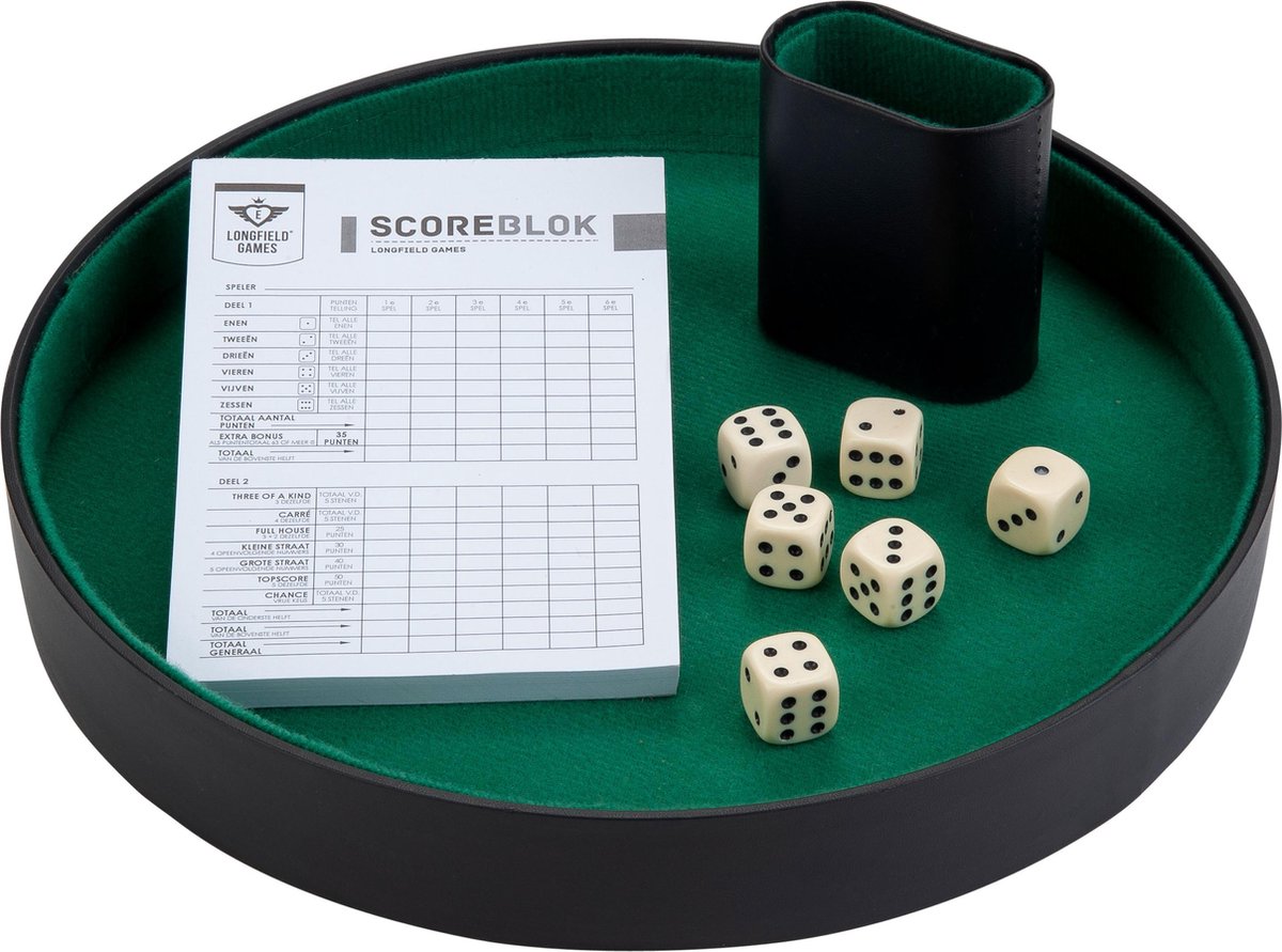 Engelhart dobbelset compleet - pokerpiste 26 cm - pokerbeker - 6 dobbelstenen 16 mm - scoreblok - poker dobbel accessoire -