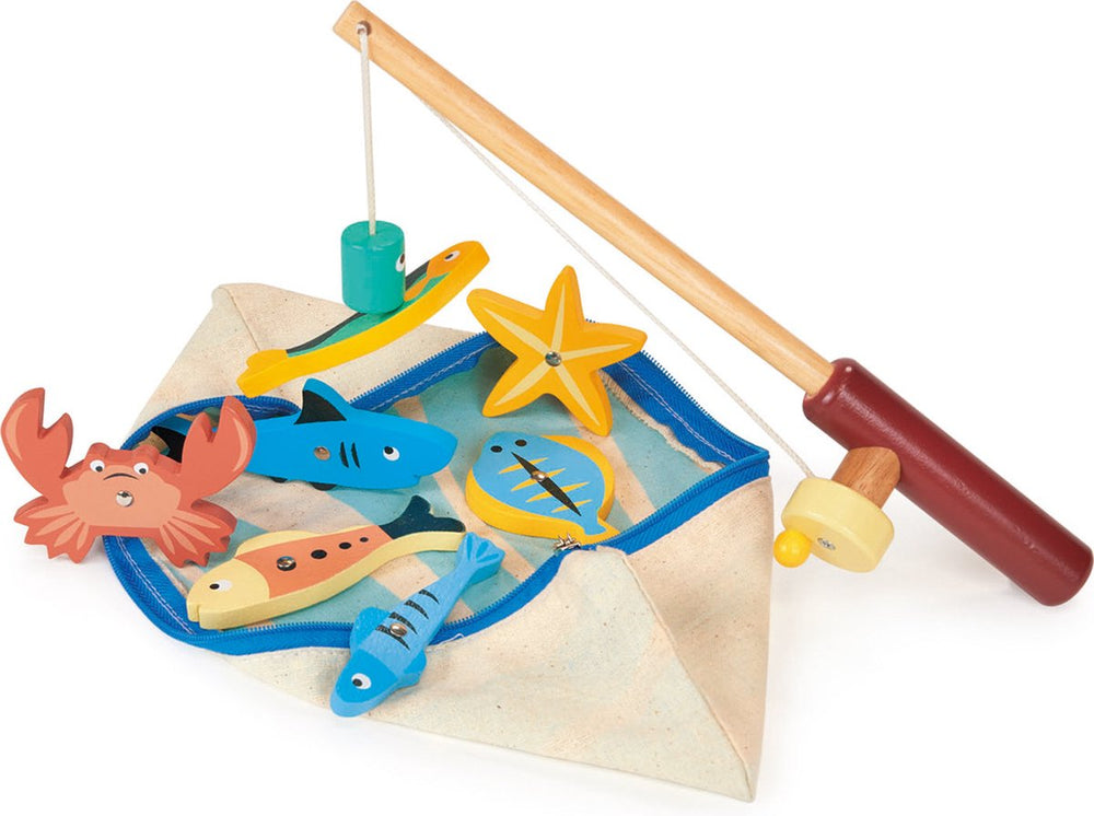 Mentari spel - vissen - met vishengel in hout - 7 magnetische zeediertjes - 2 jaar