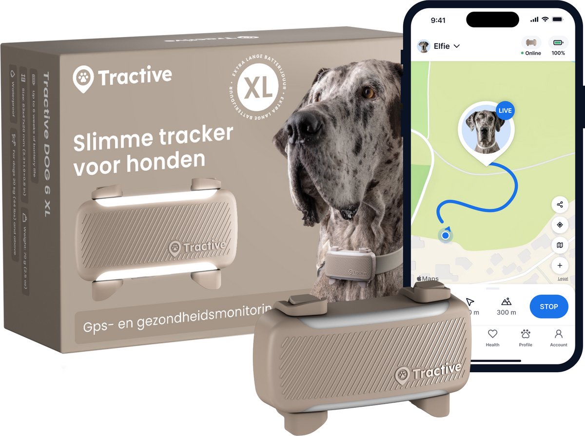 Tractive dog 6 xl – slimme gps-tracker voor honden met monitoring van vitale waarden en gezondheidswaarschuwingen, 6 weken batterijduur – bruin