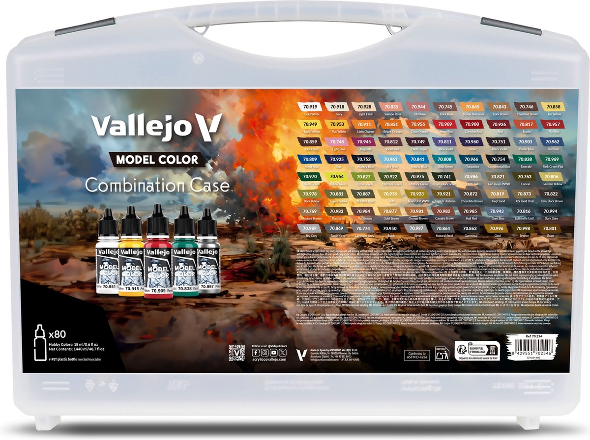 Vallejo hobbyverf acrylverf - 70254 model color - combinatie koffer - basis, schaduw en lichte kleuren - acryl set - 80x verf set - 8x 18 ml