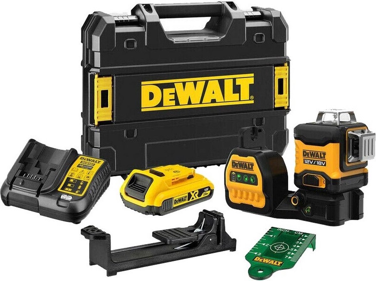 Dewalt dce089d1g18 12v 18v li-ion accu zelfnivellerende 3x 360 graden kruislijnlaser set (1x 2.0ah accu) in koffer - 3 lijnen - 30m - groen