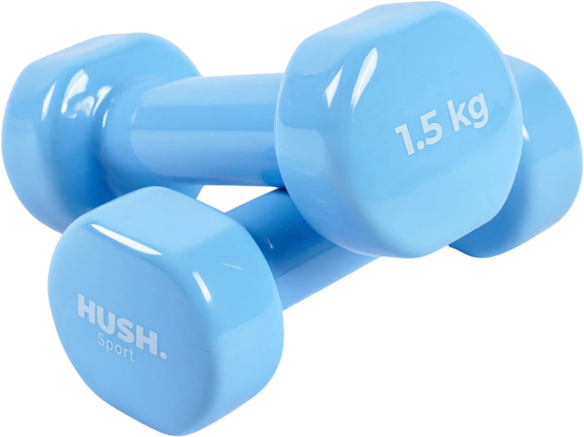 Hush sport - dumbbells set 2 x 1,5 kg lichtblauw - vinyl coating met antislip grip - gietijzer - handig 6-hoekig design - geschikt voor krachttraining fitness