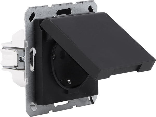 Q-link s-line contactdoos 1-voudig - randaarde - met klep - zwart