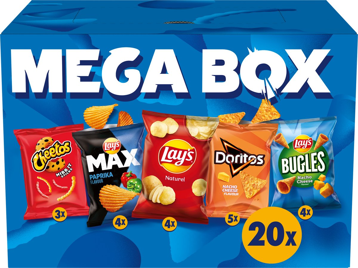 Lay's chips mega box mix - paprika, naturel nacho cheese - doos 534 gram bevat 20 uitdeelzakjes