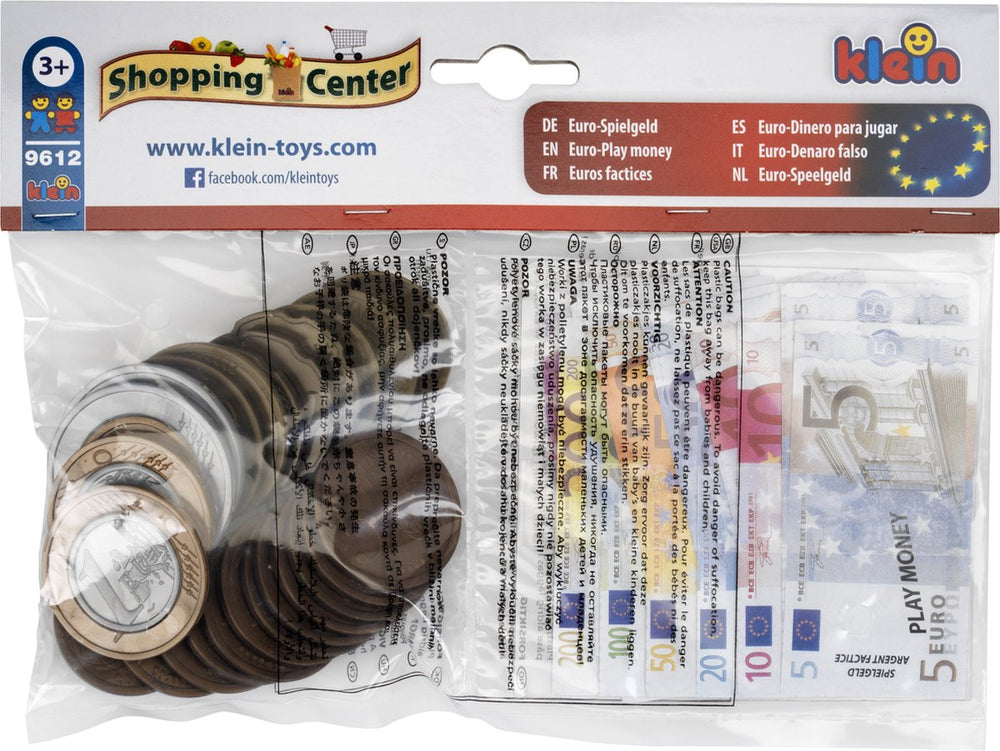 Klein toys euro speelgeld - 25 munten van 1 cent tot 2 euro en 35 biljetten van 5 tot 500 euro - meerkleurig