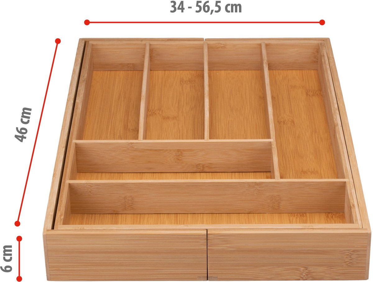 Alpina uitschuifbare bestekbak - besteklade met 6 tot 8 vakken - bamboe - past tussen 34 en 56,5 cm ladebreedte - 34-56.5 cm x 46 x 6 cm