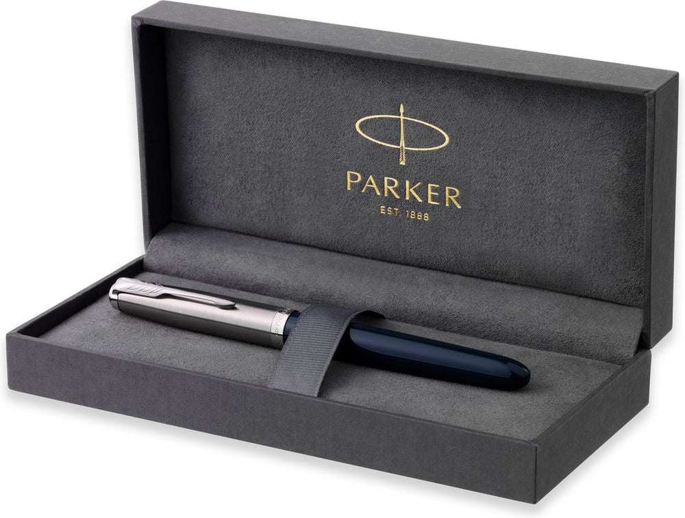 Parker 51 vulpen | nachtblauwe hars | chroom detail | fijne punt met zwarte inkt | geschenkverpakking