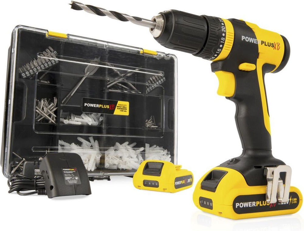 Powerplus accu klopboormachine powxb10070 - 3 in 1: boren hamerboren en schroeven, 20 v boormachine, 30 nm, links en rechts schroeven, incl. 2 accu's 1.5 ah en 1 lader, 362 accessoires