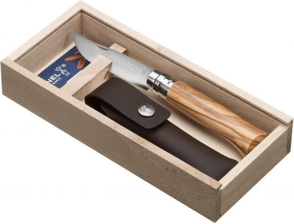 Opinel no.08 zakmes - rvs - olijfhout - houten kistje