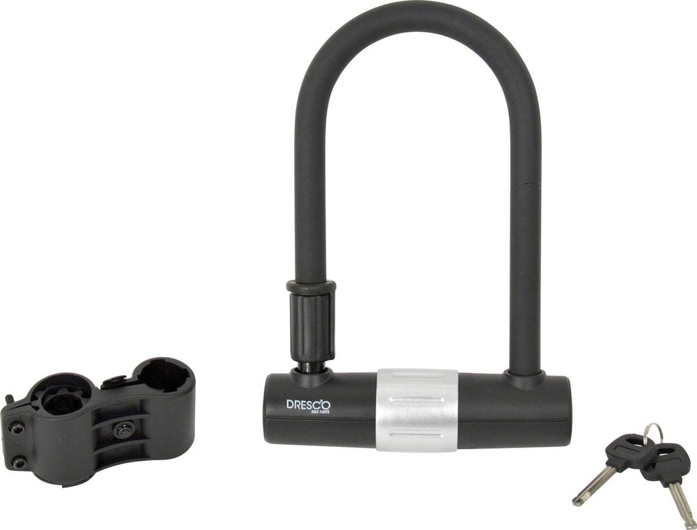 Dresco beugelslot - dikke 16mm u-beugel - van gehard staal – dubbele vergrendeling -binnenmaat 100mm breed 190mm hoog - speciale coating voorkomt beschadigingen - verzonken cilinder – snel sluiting - met framebevestiging 2 opvulringen