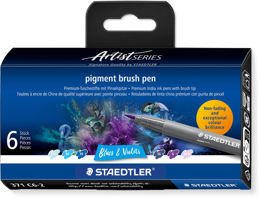 Staedtler - artist series - pigment brush pen set 6 kleuren blues violets