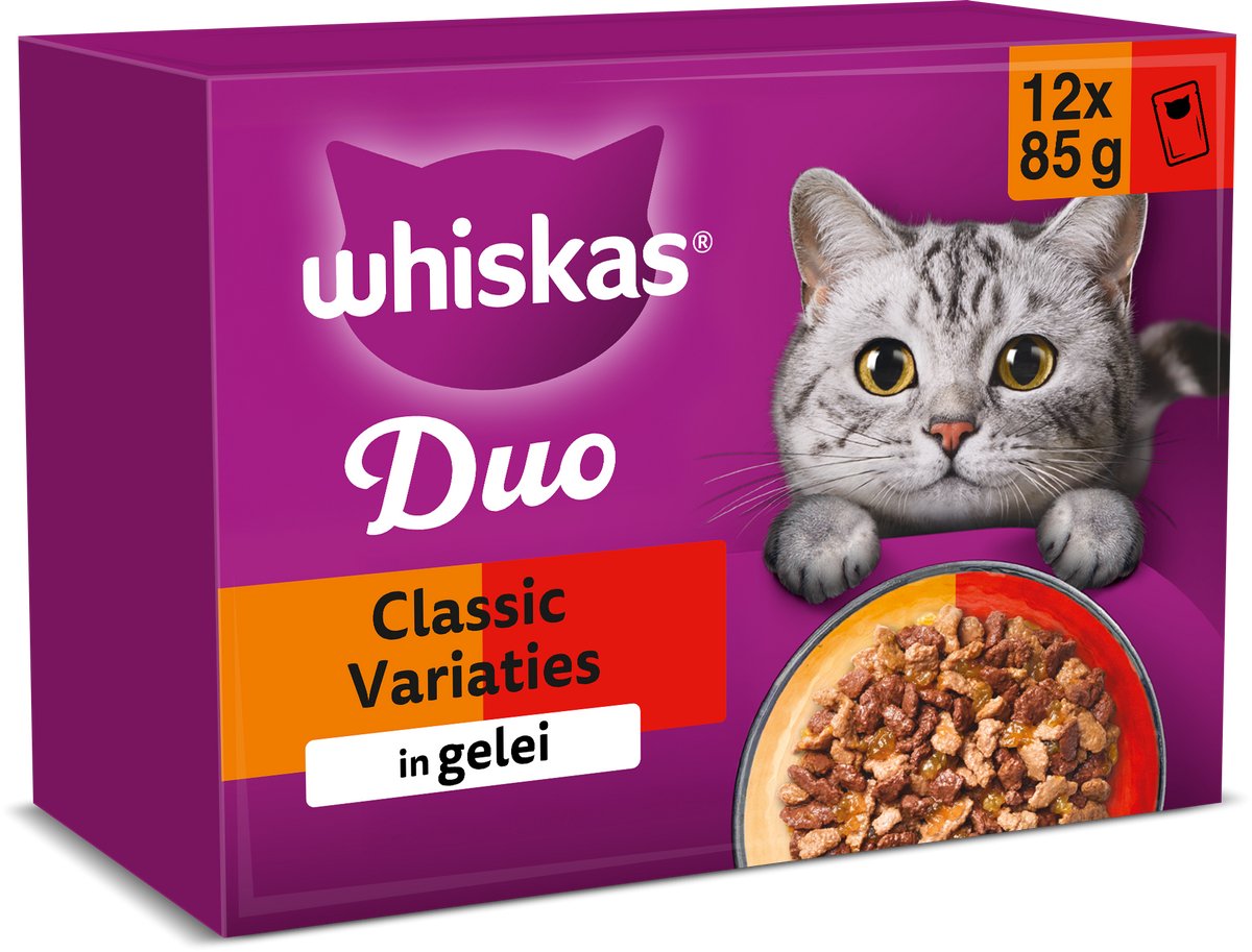 Whiskas kattenvoer - adult 1+ - duo classic variaties gelei - 4x12x85g