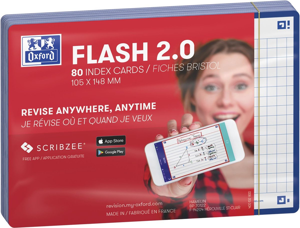 Oxford flash 2.0 - flashcards - geruit 5mm - a6 - blauwe rand - 80 stuks