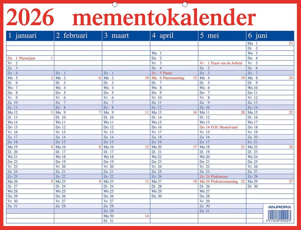 Aurora memento kalender 2025 be - nl 42x33cm