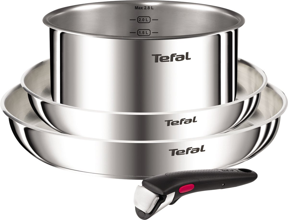 Tefal ingenio emotion l896s453 – 4-delige pannenset – inox 2 braadpannen 1 steelpan – afneembare handgreep – stapelbaar – inductiegeschikt – ovenbestendig – compact kookgerei