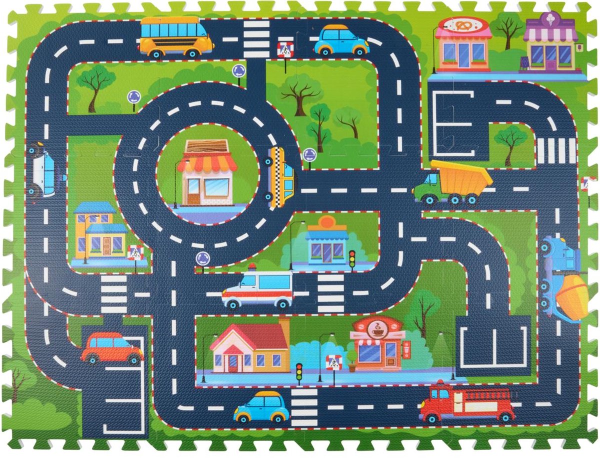 Eddy toys puzzelmat stad 12 stuks - speelmat met wegen en auto’s - foam speelmat kinderen met tegels - speelkleed wegennet voor binnen - vloermat speelgoed - 90 x 120 cm