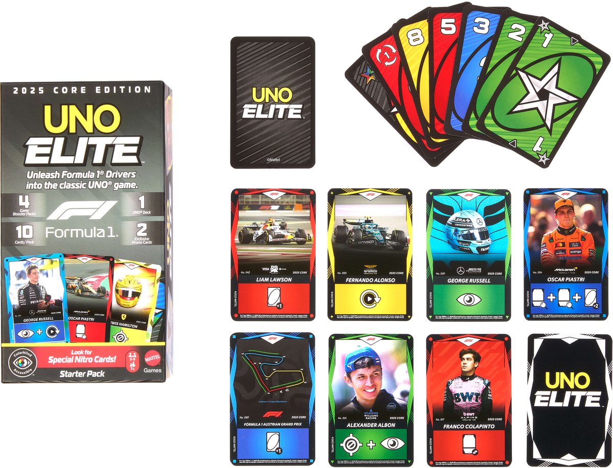 Mattel games – uno elite f1 – kaartspel – 112 kaarten – holografisch