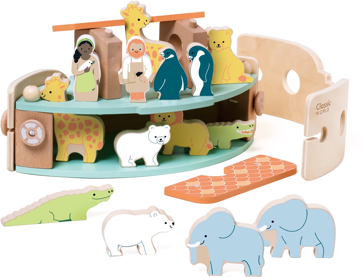 Klassieke Wereld Wereld Houten Arklaars van Noach Bouwset met Dieren, 16dlg.