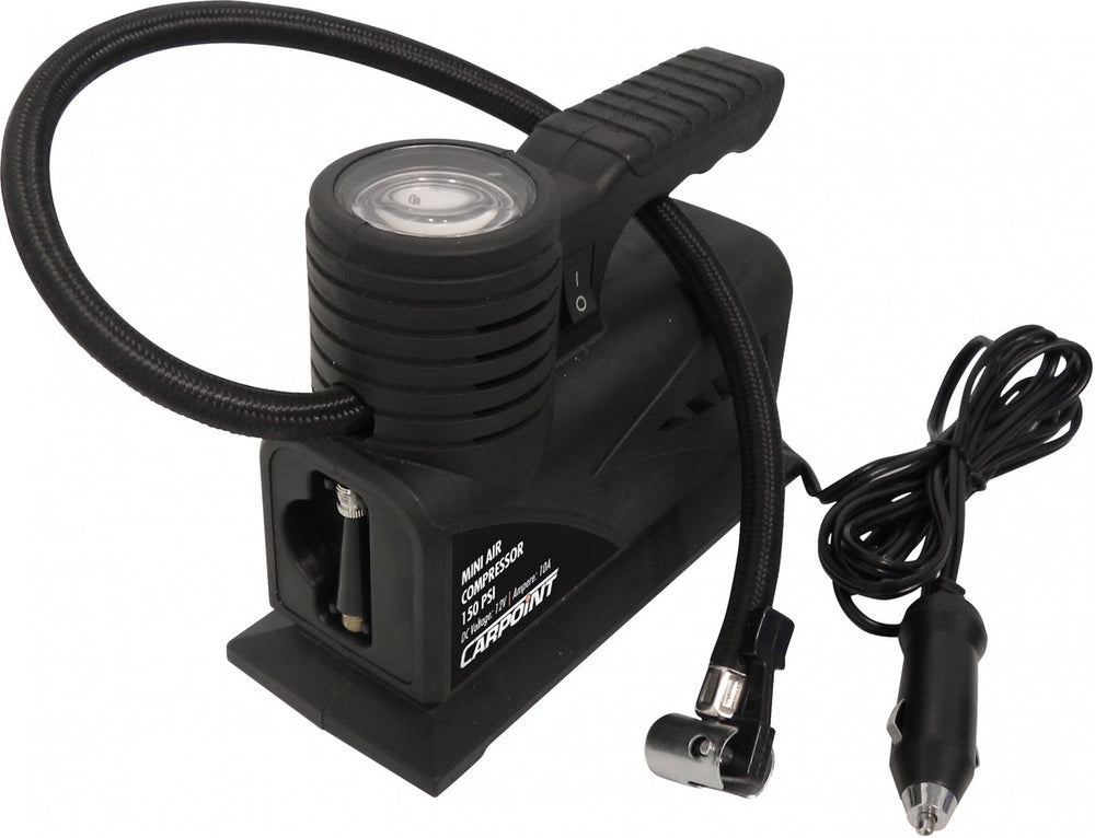 Carpoint luchtcompressor – 12 volt - analoge manometer – maximaal 150psi of 10.3 bar – inclusief adapters - voor auto-, motor-, en fietsbanden - voor opblaasbaar speelgoed ballen