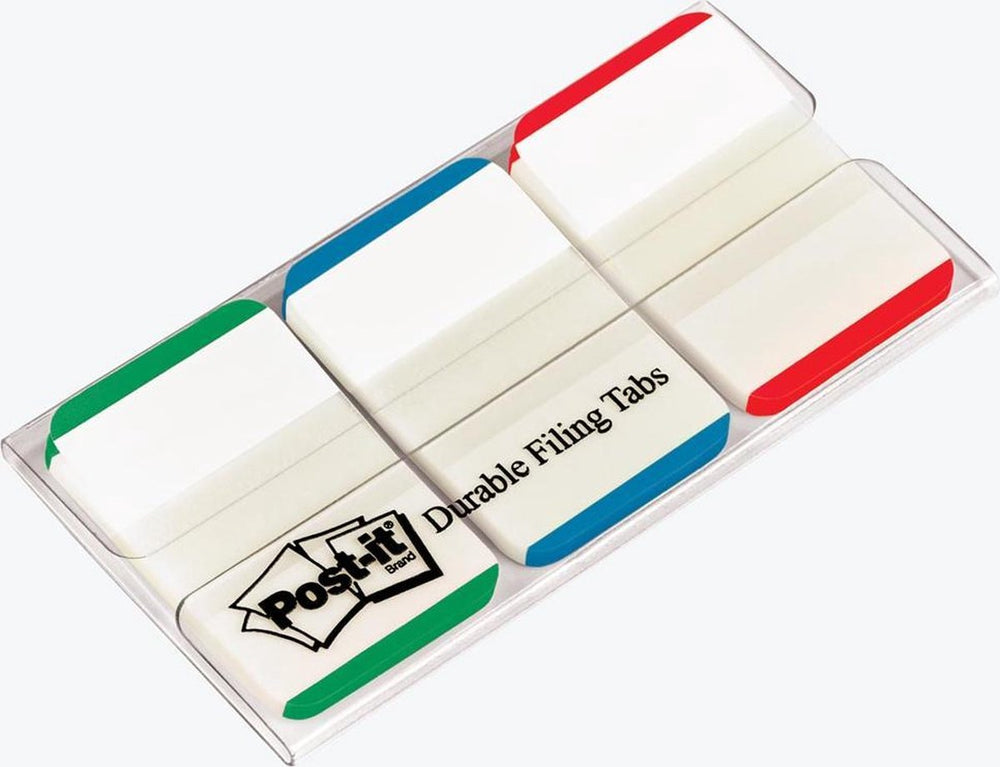 3m post-it® index strong, witte achtergrond, groen, blauw, rood, 25.4 x 38 mm, 22 tabs kleur dispenser