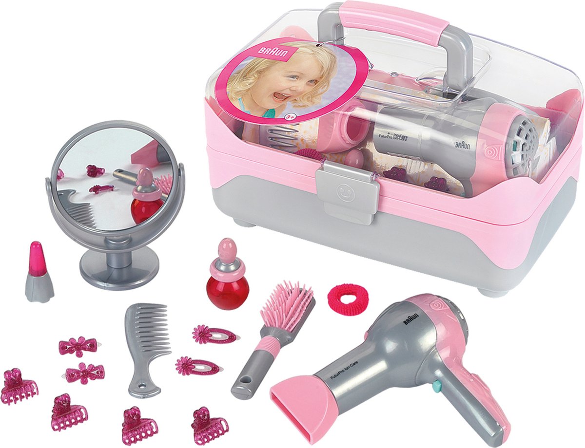 Klein toys braun hairstyling koffer met haardroger - haaraccessoires, spiegel, lippenstift en parfum - incl. ventilator met koude-lucht-mechanisme - roze grijs