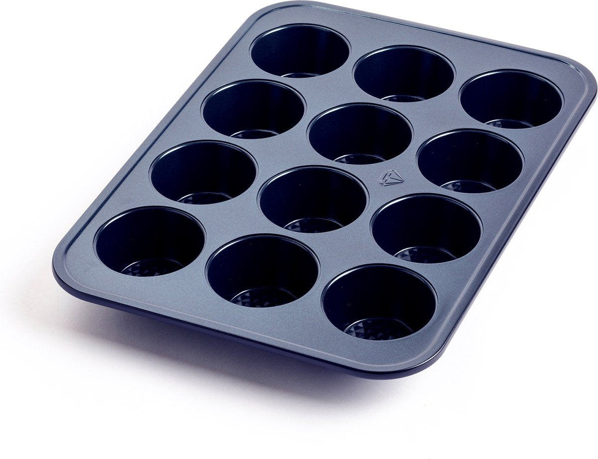 Blue diamond muffinvorm - 12 stuks - pfas-vrije antikleeflaag - keramische baklaag - ovenbestendig tot 230°c - blauw