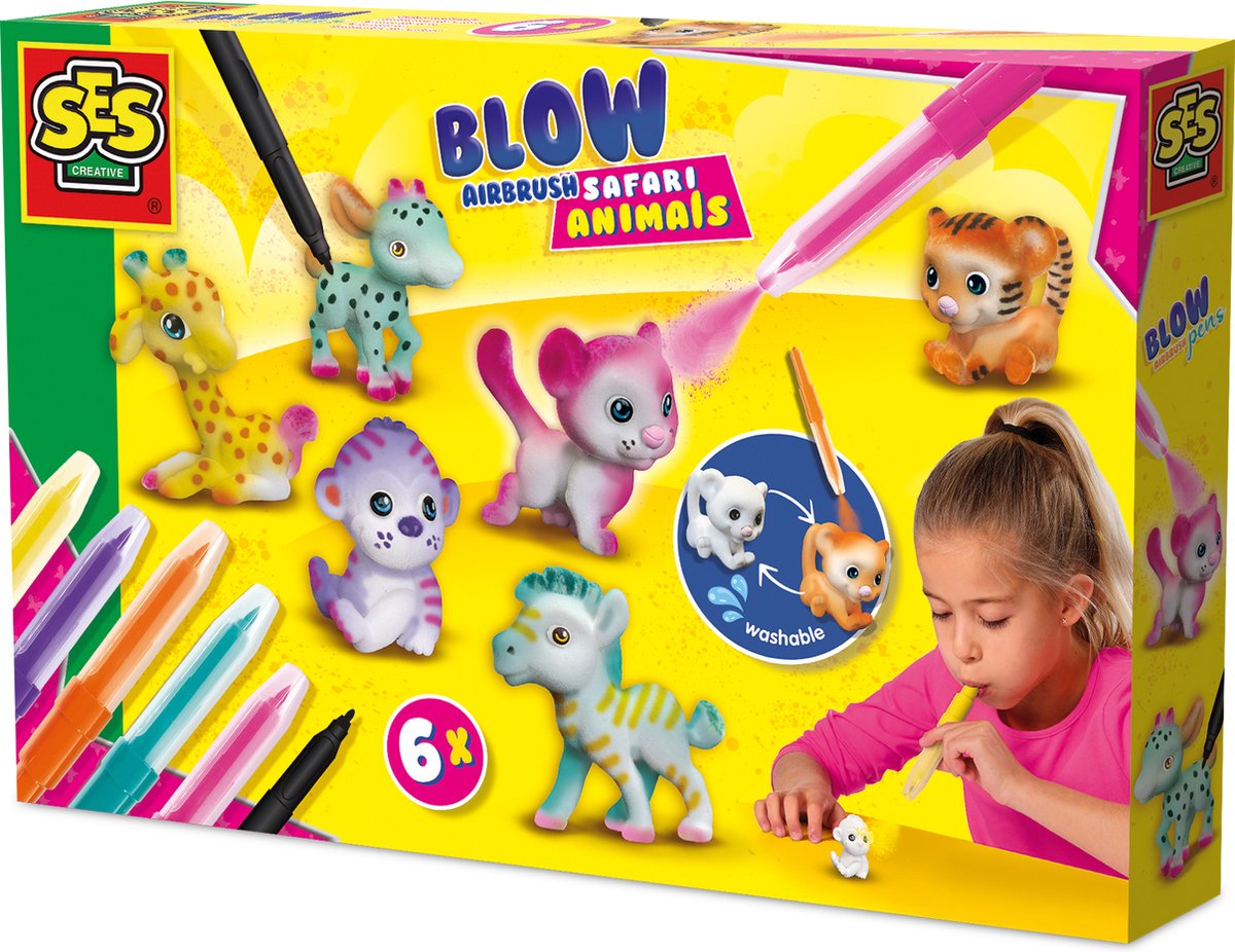 Ses blow airbrush pennen - safari dieren, 6st.