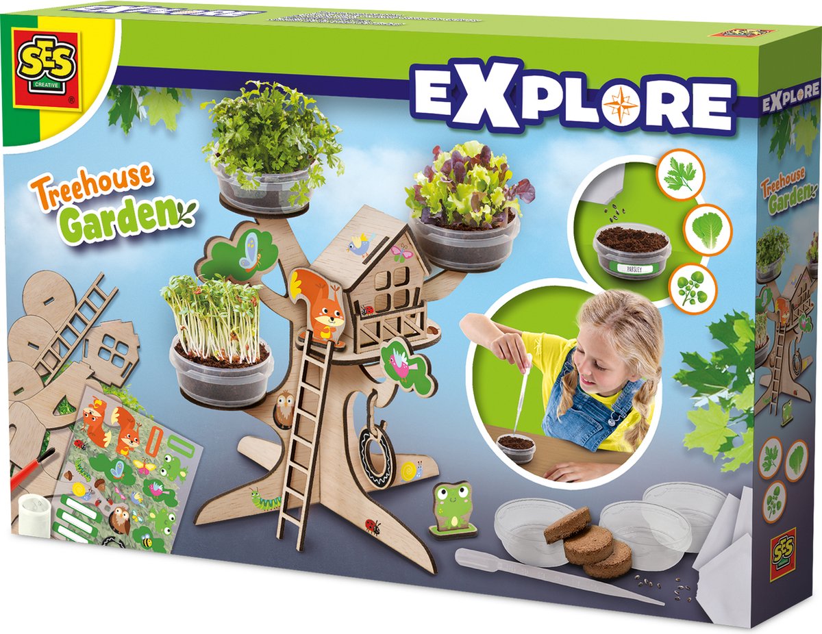 Ses creative - explore - houten boomhut kweekset - kruiden plantjes kweken - met speelgoed poppetjes en houten 3d boom - spelen en leren – moestuin voor kinderen