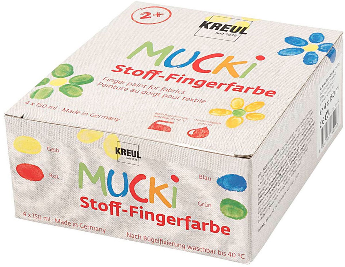 Creatief bedrijf muck vingerverf blauw groen rood geel, 4x150ml