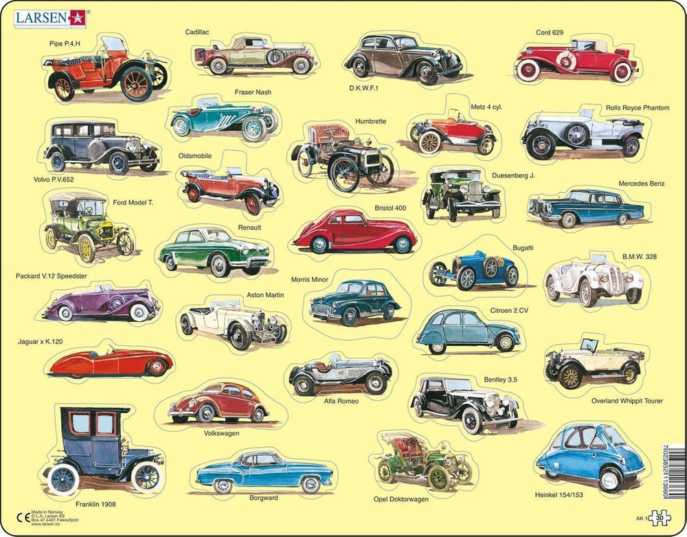 Larsen oldtimer auto's – puzzel – voertuigen techniek – oldtimers – educatieve legpuzzel voor kinderen – 30 stukjes – gemaakt in noorwegen – extra dikke 2,5 mm stukjes – tray met vaste rand