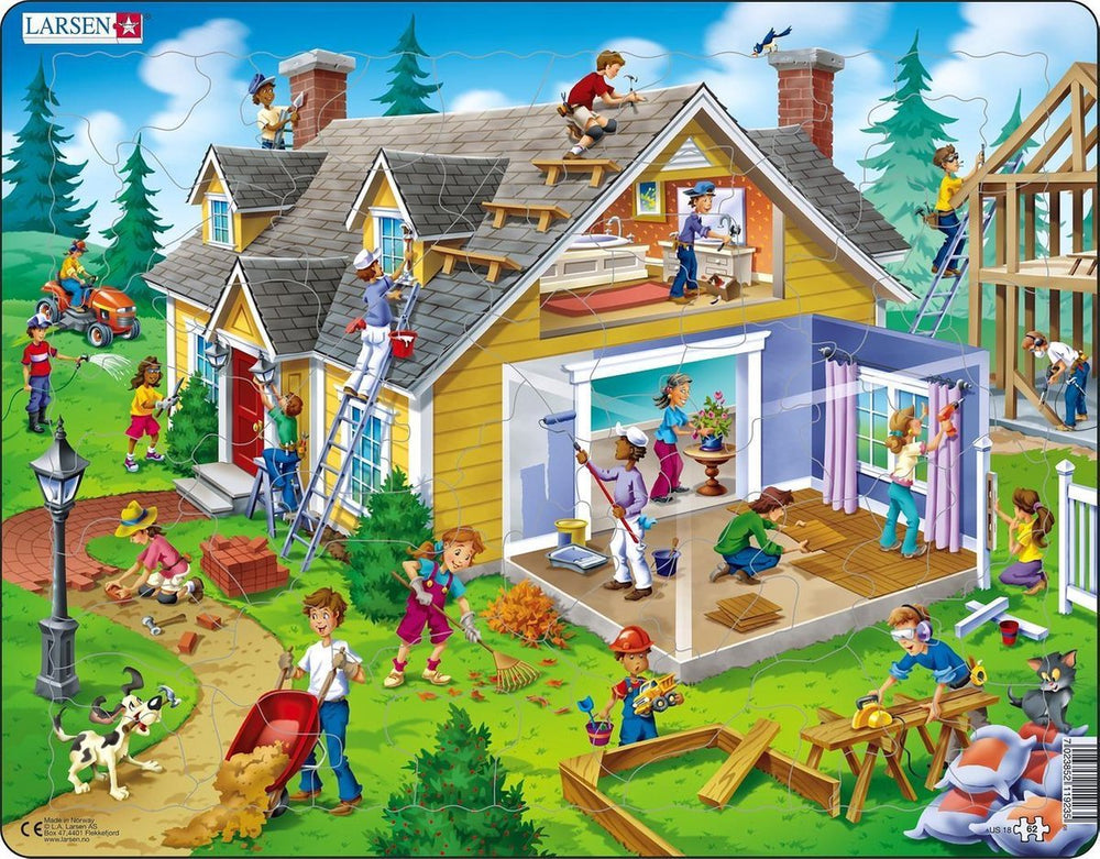 Larsen klussen aan huis en tuin – puzzel – educatief – beroepen en wonen – educatieve legpuzzel voor kinderen – 62 stukjes – gemaakt in noorwegen – extra dikke 2,5 mm stukjes – tray met vaste rand