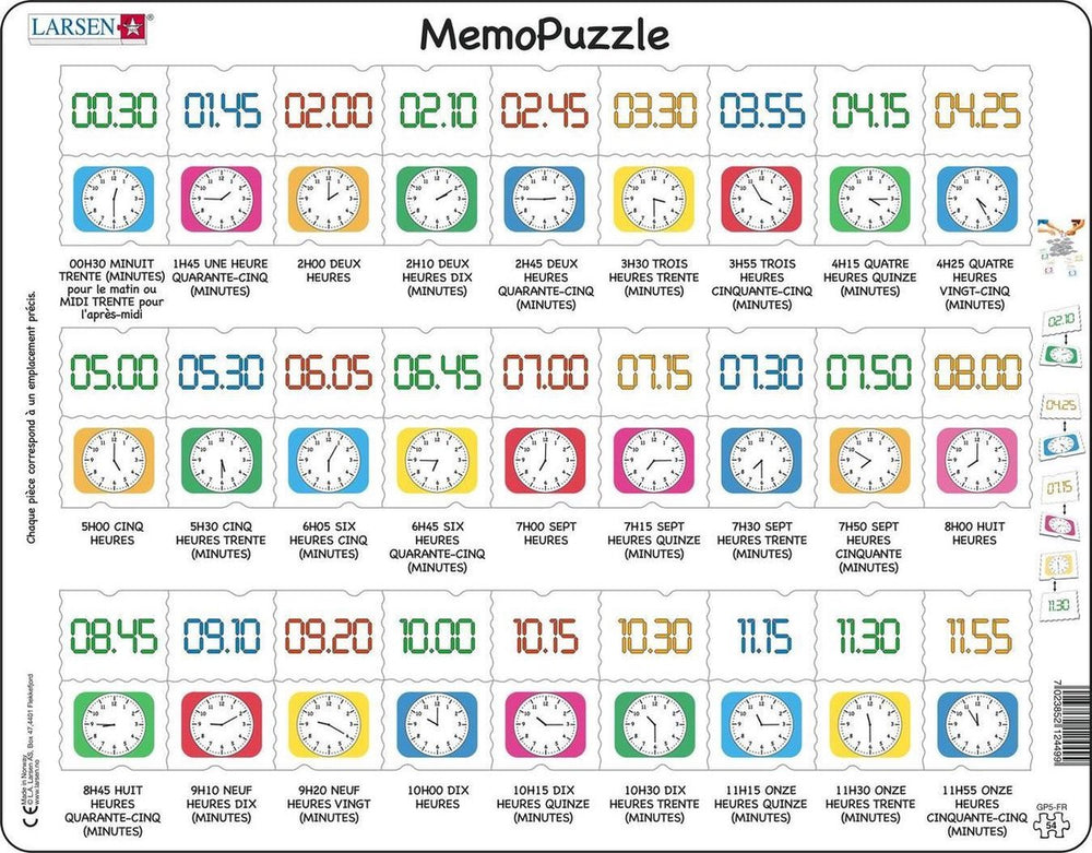 Larsen apprendre l’heure – puzzle mémo – horloge – lecture de l’heure – puzzle éducatif pour enfants – 54 pièces – fabriqué en norvège – pièces extra épaisses de 2,5 mm – plateau avec bord fixe