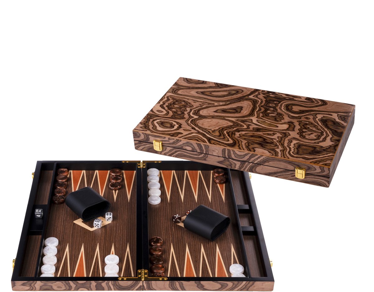 Longfield backgammon 18 inch – ingelegd walnoot hout – luxe koffer van walnoot – strategisch bordspel reisspel – engelhart