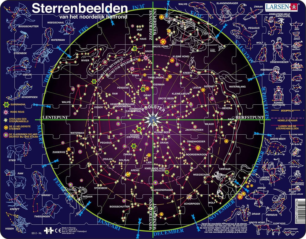 Larsen sterrenbeelden – puzzel – ruimte wetenschap – sterrenkunde – educatieve legpuzzel voor kinderen – 70 stukjes – gemaakt in noorwegen – extra dikke 2,5 mm stukjes – tray met vaste rand