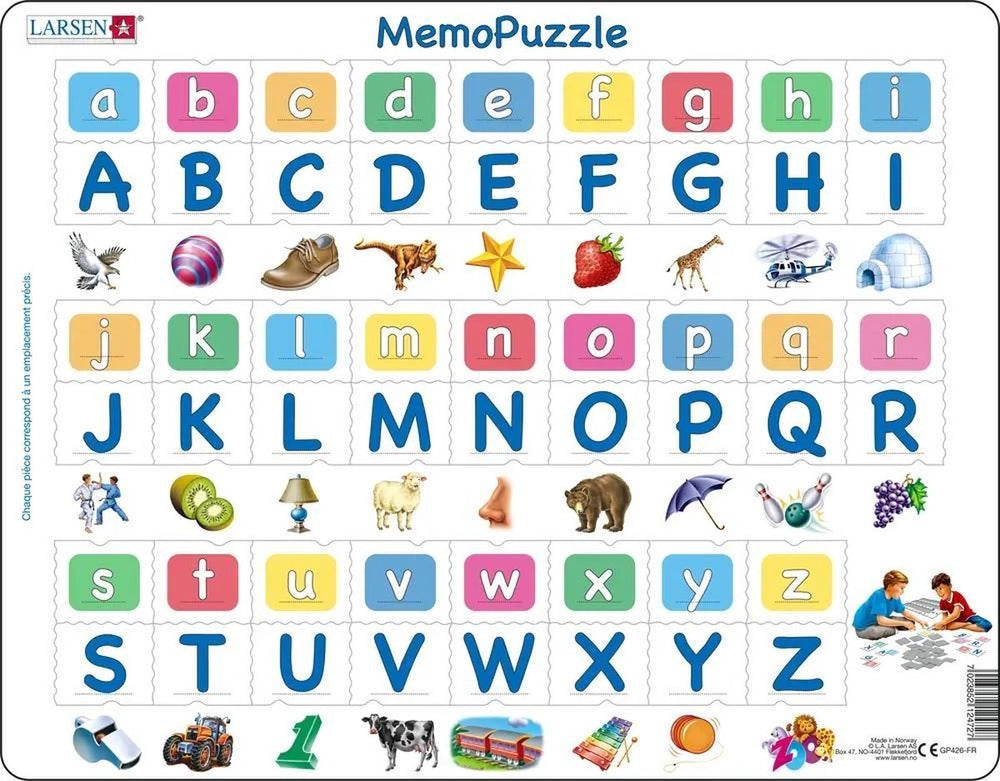 Larsen alphabet majuscules et minuscules – puzzle mémo – alphabet – lettres majuscules et minuscules – puzzle éducatif pour enfants – 52 pièces – fabriqué en norvège – pièces extra épaisses de 2,5 mm – plateau avec bord fixe