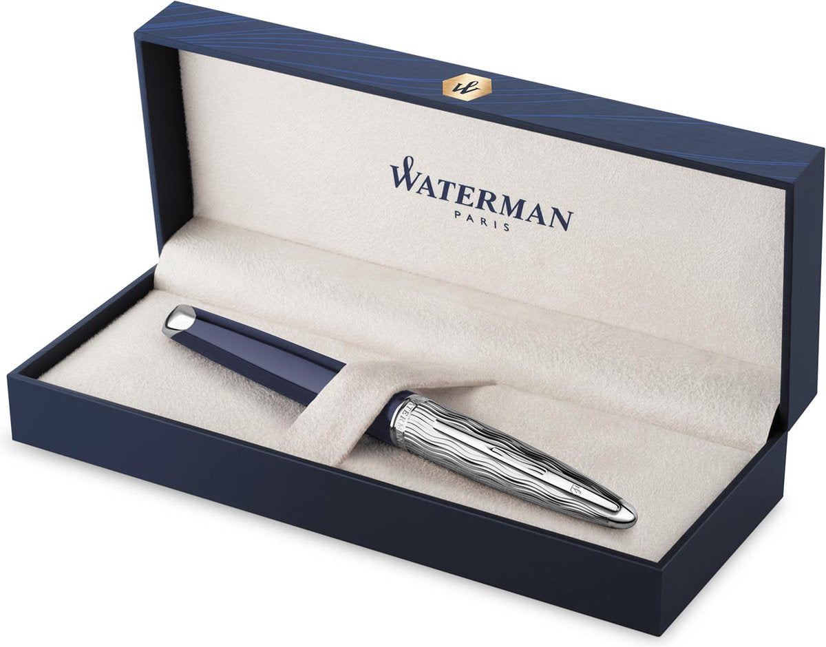 Waterman carène vulpen | metaal-blauwe lak met palladium detail | gebeitelde dop | 18k gouden medium penpunt