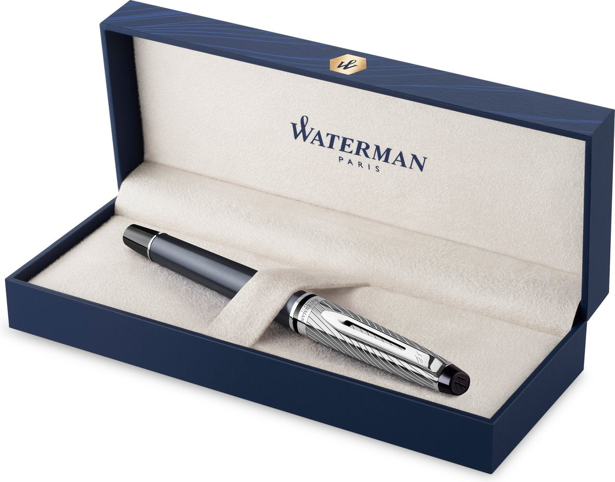 Waterman expert deluxe vulpen | metaal-steengrijze lak met palladium-gecoat detail | fijne palladium penpunt met blauwe inkt | geschenkverpakking