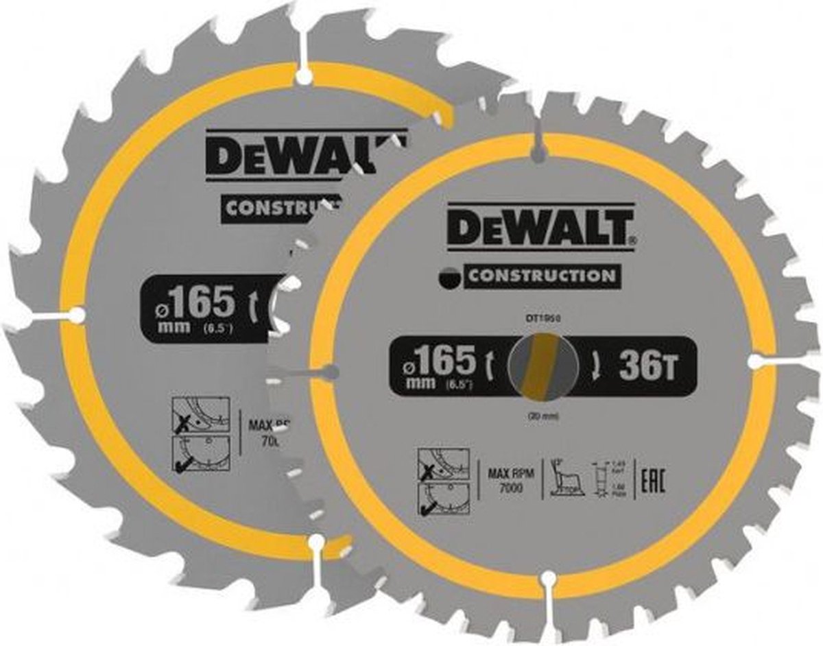 Dewalt 2x cirkelzaagblad | 165 x 20mm x 24t 36t | dt90270