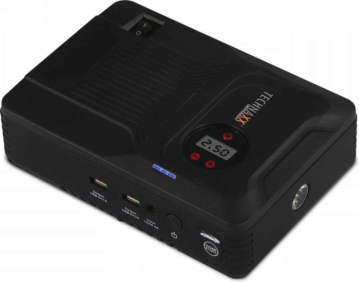Technaxx tx-219 - 4 in 1 multifunctionele jumpstarter, acculader, compressor en powerbank - 14000mah batterij - led lamp - 3.5bar compressor - usb uitgangen - geschikt voor auto - zwart
